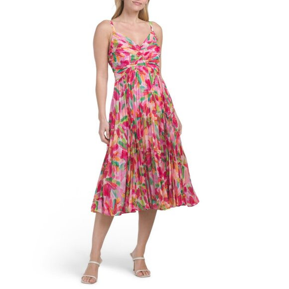 ADRIANNA PAPELL PINK/GREEN Sleeveless Floral Pleated Dress - Picture 1 of 2